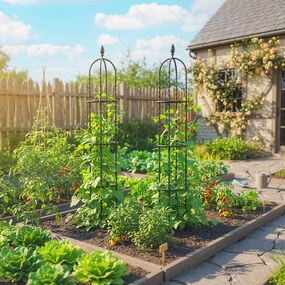 Outsunny Set de 2 Suporturi pentru Plante Cățărătoare înalte de 1,74 m, Suporturi din Oțel cu Decorațiuni, pentru Trandafiri, Roșii, Flori, Mazăre și Legume, Negru | Aosom Romania