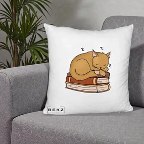 Perna Decorativa Pisica Adormita pe Carti, 40x40 cm, Alb Pufos, Husa Detasabila, Perna Inclusa, BEKZ®