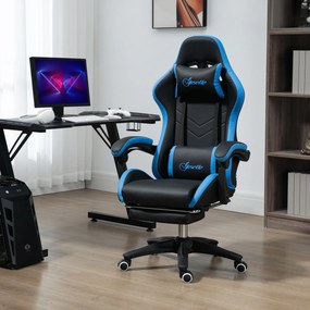 Scaun de gaming din piele ecologica PU si otel cu inaltime reglabila si spatar inclinabil, 65x65x121-129 cm, albastru si negru | Aosom Romania