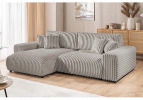 Colțar gri deschis extensibil, cu spațiu de depozitare, cu tapițerie din catifea reiată (cu colț pe partea stângă) Sarina – Ropez