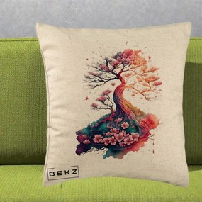 Perna Decorativa Copac Sakura Acuarela Fantasy, 40x40 cm, Bej, Husa Detasabila, Perna Inclusa, BEKZ®
