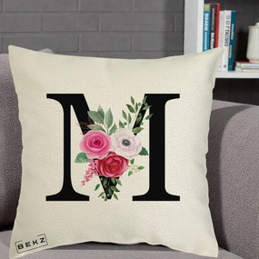 Cadou Personalizat - Perna Personalizata Monograma Florala Litera M cu Trandafiri si Anemona, 40x40 cm, Ecru, Husa Detasabila, Perna Inclusa, BEKZ®