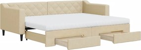 vidaXL Pat de zi cu extensie și sertare, crem, 80x200 cm, textil