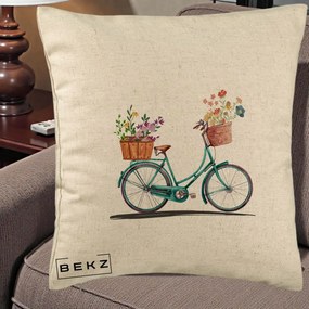 Perna Decorativa Bicicleta Florala Turcoaz Acuarela, 40x40 cm, Bej, Husa Detasabila, Perna Inclusa, BEKZ®