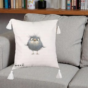 Perna Decorativa Pui Gri Pufos Zbarlit, 40x40 cm, Bej cu Franjuri, Husa Detasabila, Perna Inclusa, BEKZ®