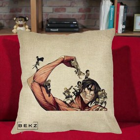 Perna Personalizata Attack on Titan Eren Titan Grup, 40x40 cm, Crem, Husa Detasabila, Perna Inclusa, BEKZ®