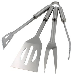 Set 3 ustensile pentru grătar – inox, 35 cm: spatulă, furculiță și clește
