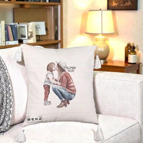 Cadou pentru Mama - Perna Personalizata Super Mom Acuarela, 40x40 cm, Bej cu Franjuri, Husa Detasabila, Perna Inclusa, BEKZ®
