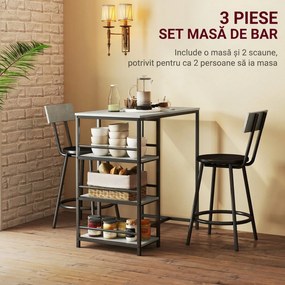 HOMCOM Set Masă de Bar cu 3 Rafturi și 2 Scaune cu Spătar, 90x50x90.5 cm, Gri Deschis | Aosom Romania