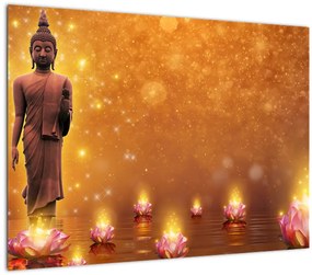 Tablou pe sticlă - Buddha în sclipici auriu (70x50 cm)