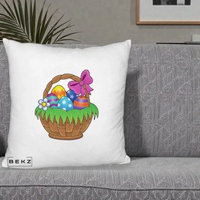 Perna Decorativa Cos cu Oua de Pasti Colorat, 40x40 cm, Alb Pufos, Husa Detasabila, Perna Inclusa, BEKZ®