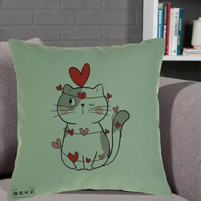 Perna Decorativa Pisica Kawaii cu Inimi, 40x40 cm, Verde, Husa Detasabila, Perna Inclusa, BEKZ®