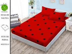 Husa de pat cu elastic 180x200 din Bumbac Finet + 2 Fete de Perna - Rosu Cu Stelute