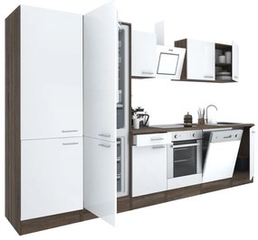 Mobilă de bucătărie Yorki 340, corp din stejar Yorki, față alb satinat cu element cuptor inferior, dulap cu rafturi și frigider congelator inferior.