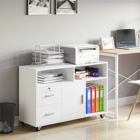 HOMCOM Suport pentru imprimantă cu 2 sertare mobilier de depozitare pe roți rafturi deschise și dulap, 100 x 35 x 65 cm, alb | Aosom Romania