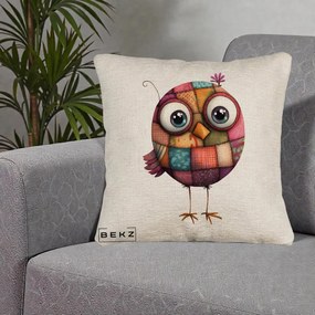 Perna Decorativa Pasare Patchwork Roz cu Floare, 40x40 cm, Bej Canapea, Husa Detasabila, Perna Inclusa, BEKZ®