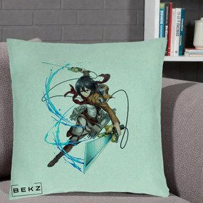 Perna Personalizata Attack on Titan Mikasa Ackerman Lupta, 40x40 cm, Verde Menta, Husa Detasabila, Perna Inclusa, BEKZ®
