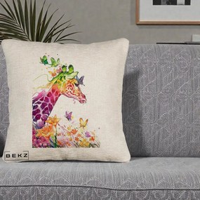 Perna Decorativa Girafa Curcubeu Acuarela, 40x40 cm, Bej Canapea, Husa Detasabila, Perna Inclusa, BEKZ®