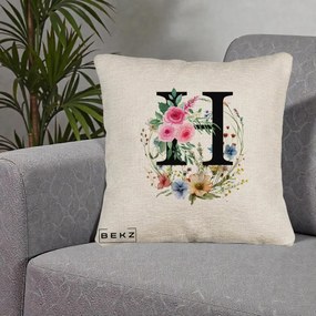 Cadou Personalizat - Perna Personalizata Monogram Litera H cu Flori Acuarela, 40x40 cm, Bej Canapea, Husa Detasabila, Perna Inclusa, BEKZ®