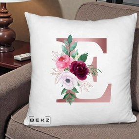 Cadou Personalizat - Perna Personalizata Monograma Rose Gold Litera E, 40x40 cm, Alb Pufos, Husa Detasabila, Perna Inclusa, BEKZ®