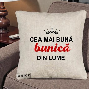 Cadou pentru Bunica - Perna Personalizata Cea Mai Buna Bunica Din Lume Coroana Neagra, 40x40 cm, Bej Canapea, Husa Detasabila, Perna Inclusa, BEKZ®