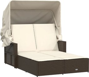 vidaXL Șezlong dublu cu baldachin și perne, maro, poliratan