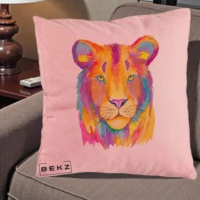 Perna Decorativa Leu Acuarela Curcubeu, 40x40 cm, Roz, Husa Detasabila, Perna Inclusa, BEKZ®