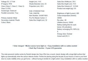 Aplica LED solara de exterior cu senzor de miscare IP44 Justina negru