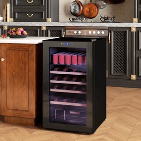 HOMCOM Vitrină Frigorifică pentru Vinuri de 63L cu Rafturi Reglabile pentru 16 Sticle și 25 Doze, Vitrină pentru Vinuri din Oțel, Lemn și Sticlă Temperată, 43x45x74 cm, Negru | Aosom Romania