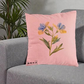 Perna Decorativa Botanica Frezie Galbena si Albastra, 40x40 cm, Roz, Husa Detasabila, Perna Inclusa, BEKZ®