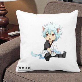 Perna Personalizata Gintama Gintoki Chibi Pisica, 40x40 cm, Alba Mata, Husa Detasabila, Perna Inclusa, BEKZ®