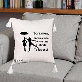 Cadou pentru Sora - Perna Personalizata Sora Mea Te Iubesc Siluete Negre cu Umbrela, 40x40 cm, Bej cu Franjuri, Husa Detasabila, Perna Inclusa, BEKZ®