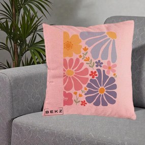 Perna Decorativa Flori Grafice Pastel Multicolor, 40x40 cm, Roz, Husa Detasabila, Perna Inclusa, BEKZ®