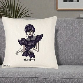 Perna Personalizata Wednesday Addams Dans Gotic, 40x40 cm, Crem Reliefat, Husa Detasabila, Perna Inclusa, BEKZ®