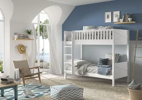Pat supraetajat pentru copii SCOTT, alb, 90 x 200 cm, din pin scandinav masiv, cu somiere incluse – Vipack