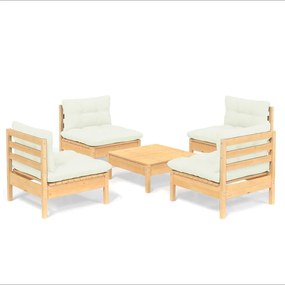 Set mobilier gradina cu perne crem, 5 piese, lemn de pin maro si crem, 1
