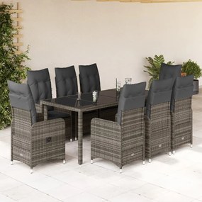 3277039 vidaXL Set bistro de grădină cu perne, 9 piese, gri, poliratan