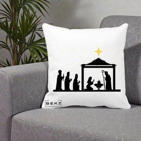 Perna Decorativa Nasterea Pruncului Silueta Neagra si Stea Aurie, 40x40 cm, Alba Mata, Husa Detasabila, Perna Inclusa, BEKZ®