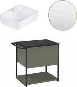 Set dulap baza suspendat Krofam Lov verde-negru 60 cm blat negru cu lavoar 49x38 cm si oglinda cu rama aurie