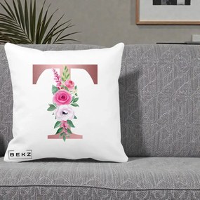 Cadou Personalizat - Perna Personalizata Monograma Rose Gold Litera T, 40x40 cm, Alba Mata, Husa Detasabila, Perna Inclusa, BEKZ®