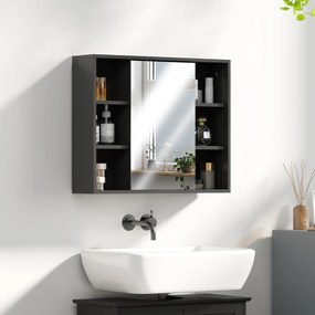 HOMCOM Dulap cu Oglindă pentru Baie, 3 Rafturi Laterale, Raft Reglabil, MDF și PAL, 60x14,5x49,4 cm, Negru și Lemn Natur | Aosom Romania