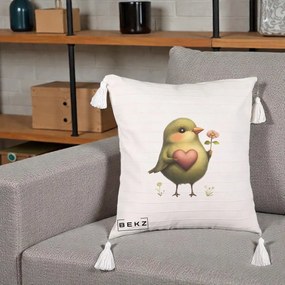 Perna Decorativa Pasare Verde cu Inima si Floare, 40x40 cm, Bej cu Franjuri, Husa Detasabila, Perna Inclusa, BEKZ®