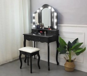 Set Aniela, Masă de toaletă cu 3 oglinzi iluminate LED, control touch, 4 sertare, scaun, Negru