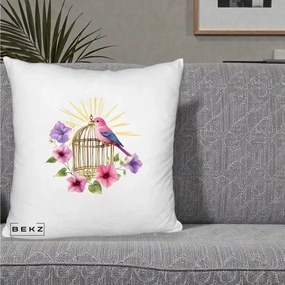 Perna Decorativa Pasare Roz pe Colivie Aurie cu Flori, 40x40 cm, Alb Pufos, Husa Detasabila, Perna Inclusa, BEKZ®