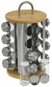 Set 16 borcane pentru condimente cu suport rotativ Klausberg KB 7553, bambus si otel, Inox/maro