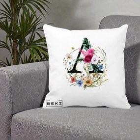 Cadou Personalizat - Perna Personalizata Monogram Litera A cu Flori Acuarela, 40x40 cm, Alba Mata, Husa Detasabila, Perna Inclusa, BEKZ®
