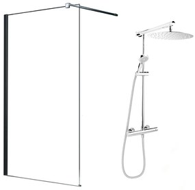 Pachet paravan dus Walk-In Fluminia Black crom 100x200 cm si coloana de dus FDesign Anima crom