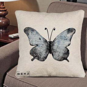 Perna Decorativa Fluture Acuarela Albastru-Gri, 40x40 cm, Bej Canapea, Husa Detasabila, Perna Inclusa, BEKZ®