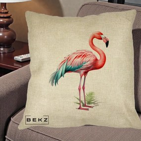 Perna Decorativa Flamingo Roz cu Pene Teal, 40x40 cm, Crem, Husa Detasabila, Perna Inclusa, BEKZ®