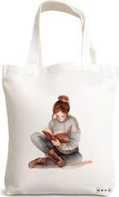 Sacosa de Panza pentru Cumparaturi, Geanta Tote, model The bookie girl 36 38 x 34.5 cm, Alba, BEKZ®